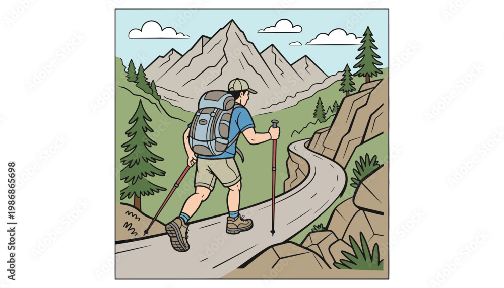 Obraz premium Hiker walking on a winding mountain trail with a backpack and trekking poles