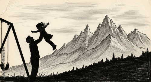 Parent Lifting Child From Swing In Silhouette.