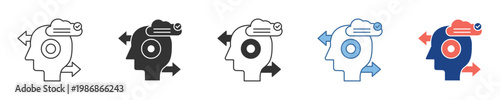 Dynamic icon set illustrating the human mind's interaction with cloud-based information, symbolizing brainstorming, knowledge acquisition, and digital processing for innovation and strategic thinking