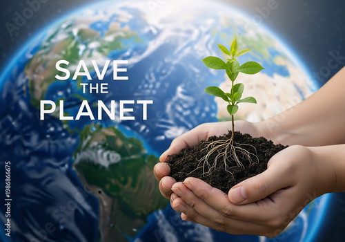 Conceptual Composition of Hands Holding Sapling on Earth Background for Environment