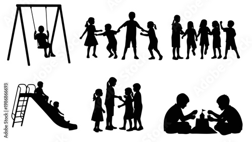 Kids Playground Silhouettes Vector Set, Children Playing on Swing Slide Sandbox and Sandcastle Outdoor Park Poses