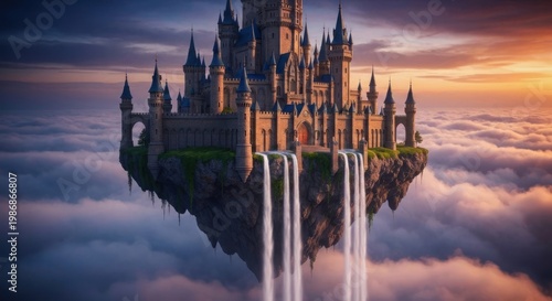 A fairytale castle floats above clouds, waterfalls cascading down as sun sets