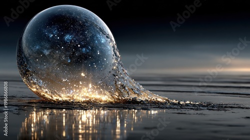 Transparent sphere reflects a starry sky on wet sand