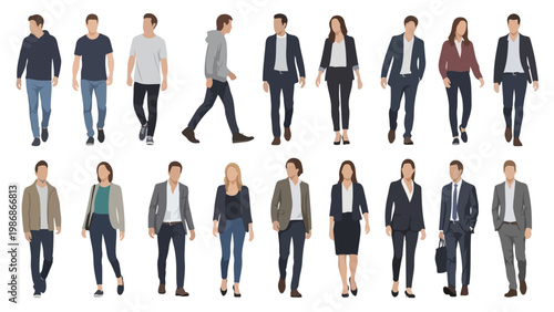 Walking People Vector Set with Business and Casual Men Women Characters, Urban Pedestrians Front View