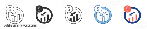 Financial decline and business loss icon set, illustrating economic downturns, market drops, and decreasing profits over time with a dollar sign and a falling chart graphic