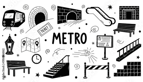 A metro illustration set featuring various transportation icons and symbols