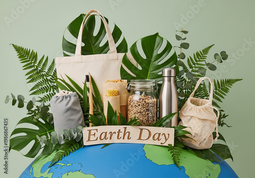 Compositional Still Life of Eco Friendly Products for Earth Day Celebration