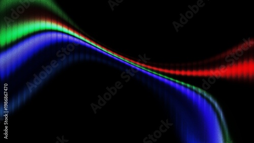 Smooth glowing wave green blue and red light curves across dark background, colorful glass effect gradient, noisy texture, banner, backdrop, header, poster, cover design