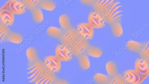 Seamless 3D animation. Abstract biomorphic forms in peach hues pulsate smoothly against a matte cornflower blue background. A calming diagonal pattern in pastel tones for stylish design