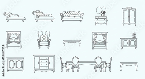 Collection of Vintage Furniture Line Drawings.