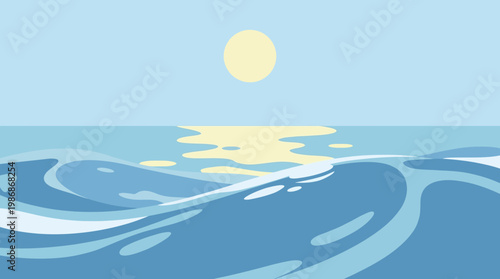 a serene ocean scene with sun.