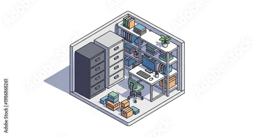 Isometric view of a compact storage unit filled with office supplies.