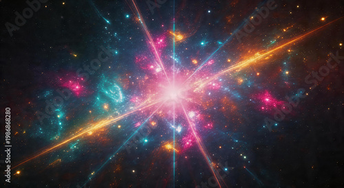 Cosmic burst of energy with starbursts, nebulas, and colorful light rays in deep space, illustrating astrophysical phenomena and stellar evolution.