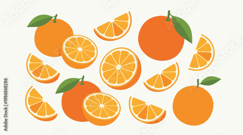 Collection of oranges and orange slices with leaves on a white background.
