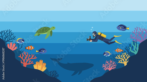 Underwater scene with scuba diver and marine life.