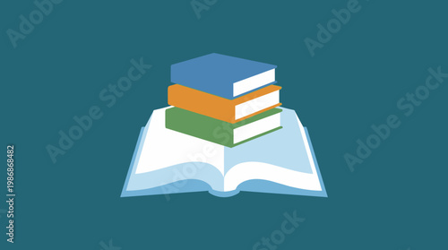 Stack of books on an open textbook.