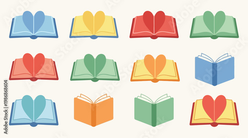 Colorful book icons with heart bookmarks.