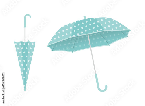 ブルーの水玉模様の傘のイラスト（開いた状態・閉じた状態セット）