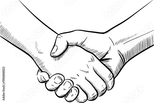 Close-up of hands shaking in agreement, black ink white handshake business partnership