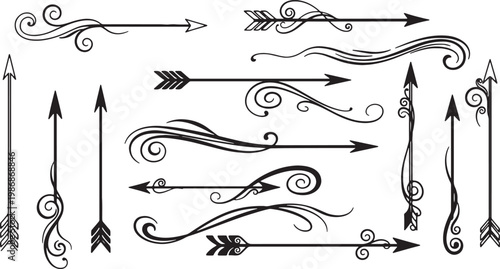 Collection of stylized black arrows with ornate flourishes and vintage tribal elements on a transparent background, graphic design.