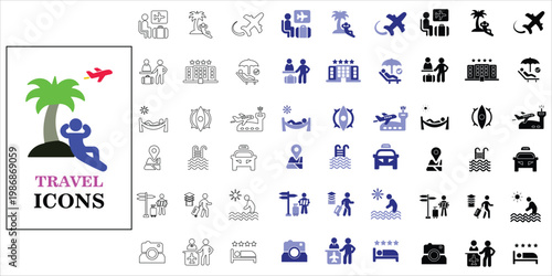 travel icons set. relax, holiday, traveler, vacation, tourism, navigation, maps and more. simple complete vector