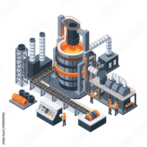 Isometric Steel Production Plant with Workers and Machinery.