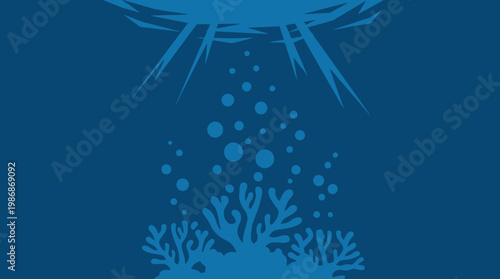 Underwater scene with coral reef silhouette.