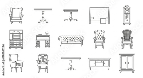 Collection of vintage furniture sketches in black and white.