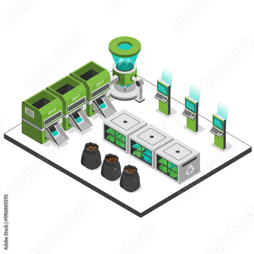 Isometric view of a futuristic automated factory production line with machinery and control panels.