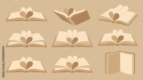 Collection of book illustrations with heart symbols.