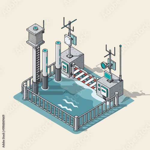 Isometric view of a water monitoring station with various sensors and equipment.