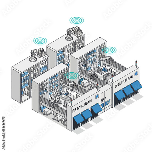 Isometric view of a smart automated retail and dispatch warehouse.