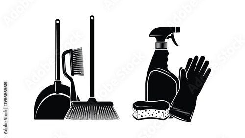 Cleaning tools arranged in a graphic black silhouette