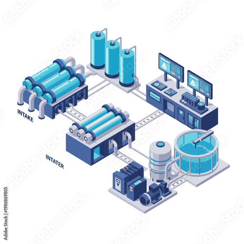 Isometric Water Purification and Treatment Plant Diagram.