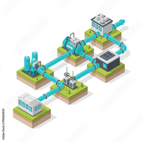 Isometric water supply and purification system with pipes and buildings.
