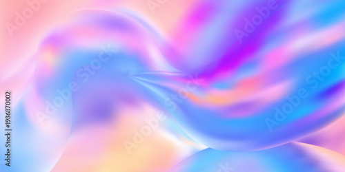 Abstract 3D liquid waves with holographic gradients create a futuristic background. Flowing glass ribbons in pastel blue and pink tones form an iridescent texture with aurora-like effects.