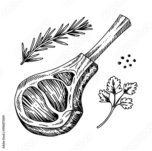 Hand drawn lamb chop with rosemary, parsley, and peppercorns white background meat