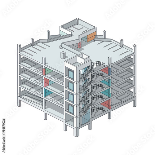 Modern Architectural Building Structure with Multiple Levels and Staircases.
