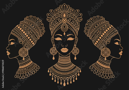 Elegant African Queen Portraits with Ornate Gold Jewelry and Headwraps on Black Background, Set of Three Stylized Tribal Woman Profiles for Cultural Design and Luxury Decor