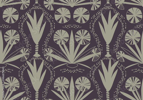 Seamless Art Deco Botanical Pattern with Stylized Agave and Fan Leaves on Dark Purple Background