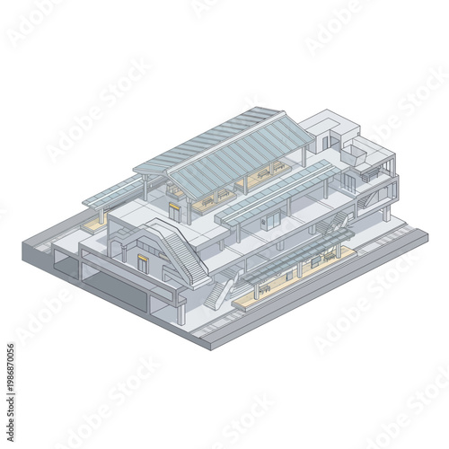 Modern Architectural Design of a Multi-Level Building with Transparent Elements.