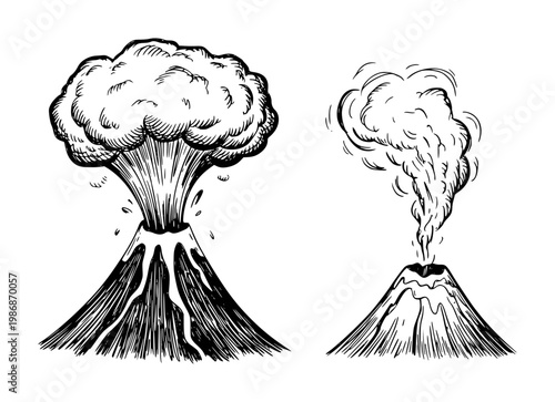 Hand drawn erupting volcanoes with smoke and ash, isolated white background eruption