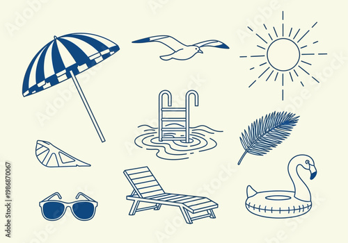 Minimalist Summer Vacation Vector Icon Set Featuring Beach Parasol, Sun, Flamingo Float, and Pool Elements in Blue Line Art