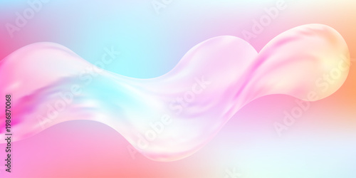 Abstract 3D glass waves with holographic pink gradients create a futuristic fluid background. Iridescent pastel ribbons flow in glossy transparent motion with rainbow light effects.