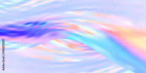 Futuristic 3D glass waves with rainbow holographic effects. Transparent ribbons flow in pastel gradients, creating an elegant abstract background for contemporary design projects.