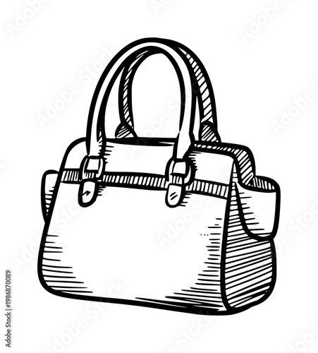 Hand drawn of a black and white fashion handbag with handles white background accessory