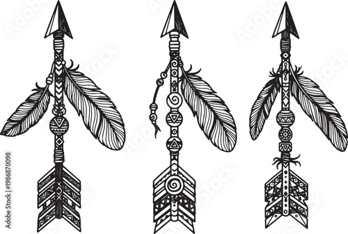 Tribal arrow collection featuring native american style illustrations with intricate patterns feathers and decorative beads for bohemian design art.