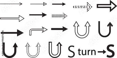Diverse arrow graphic set including u turn signs s turn indicators straight paths and dotted line pointers for traffic and flow chart illustrations.