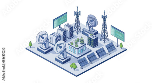 Modern Communication Technology Hub with Antennas and Servers.