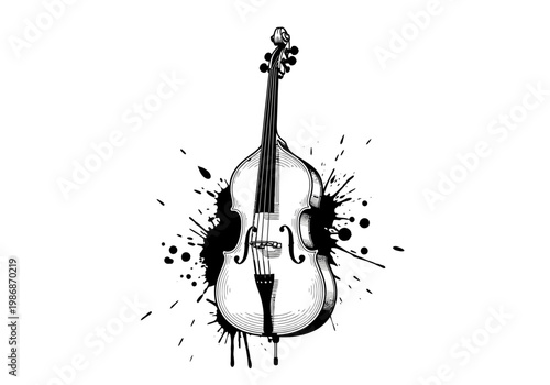 Artistic Double Bass Illustration with Black Ink Splatter, Stylized Hand-Drawn Cello or Upright Bass for Music and Jazz Design Projects